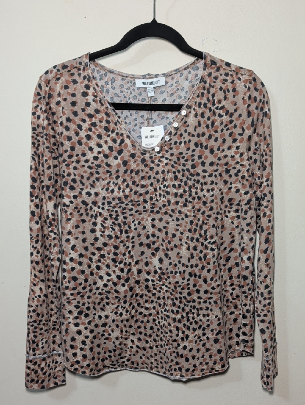 William Rast Long-Sleeve V-Neck Leopard Print Top Tan/Black NEW Women's Size L